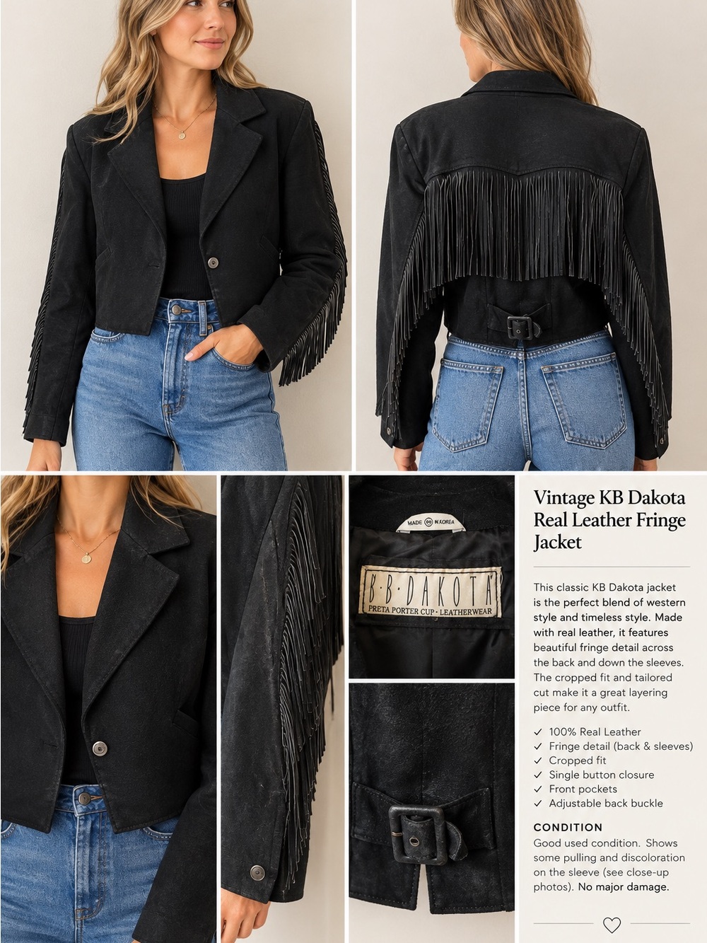 Black Leather Fringe Cropped Jacket